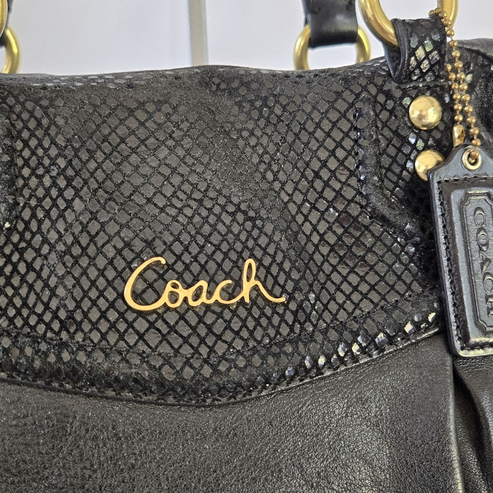 Coach Ashley Handbag Black Leather Python Trim Sh… - image 2